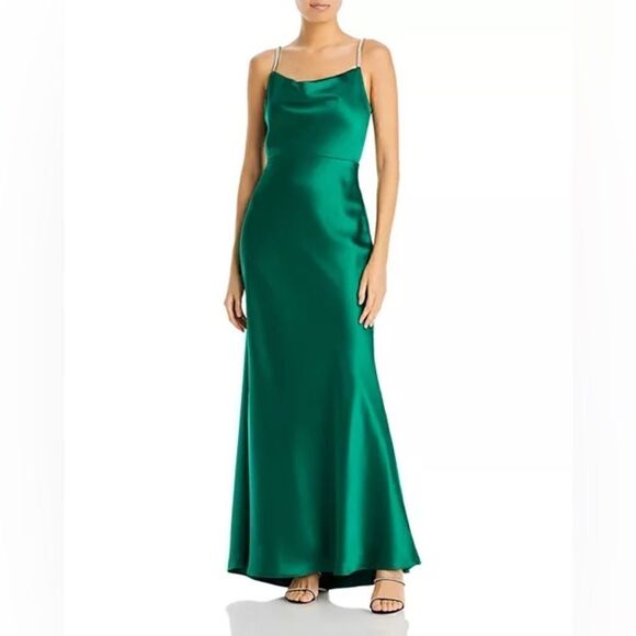 NWT AQUA Satin Cowl Open Back Gown - evening dress size 4 emerald